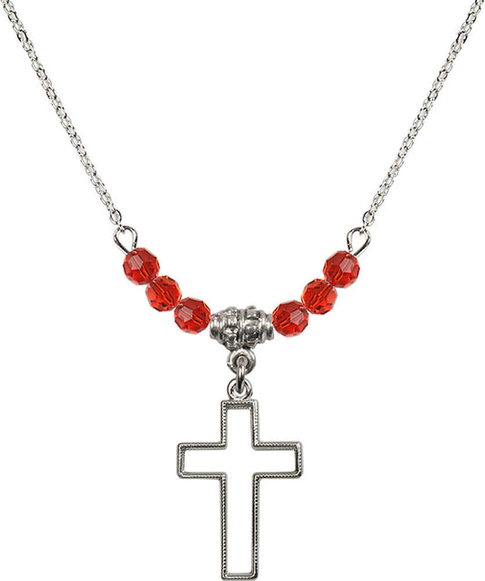 Sterling Silver Cross Birthstone Necklace with Ruby Beads - 1708