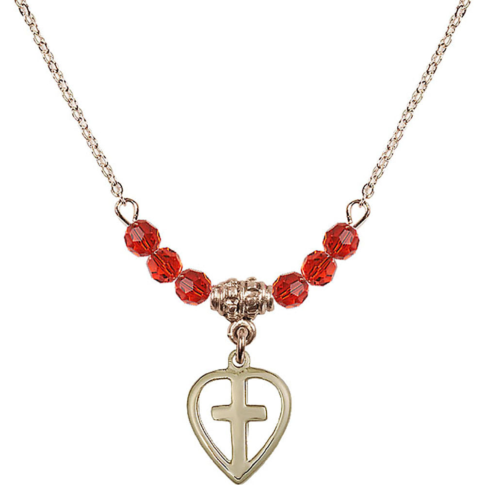 14kt Gold Filled Heart / Cross Birthstone Necklace with Ruby Beads - 1709