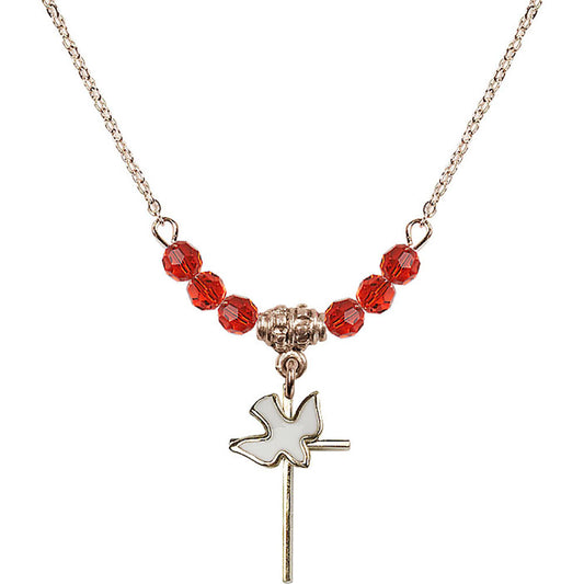 14kt Gold Filled Cross / Holy Spirit Birthstone Necklace with Ruby Beads - 1812