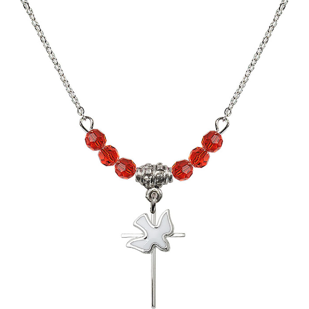 Sterling Silver Cross / Holy Spirit Birthstone Necklace with Ruby Beads - 1812