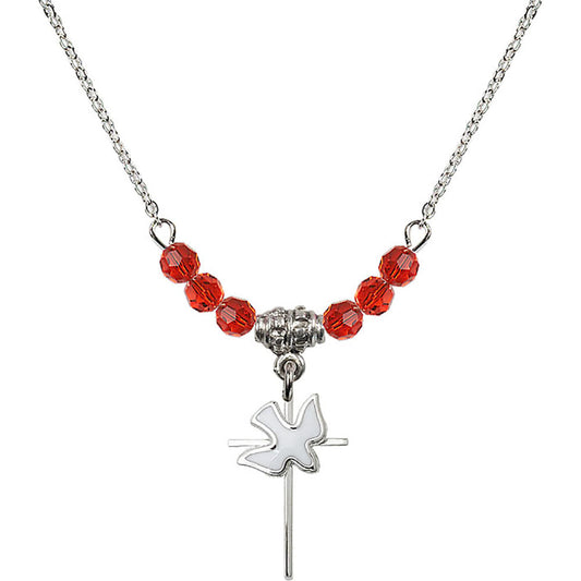Sterling Silver Cross / Holy Spirit Birthstone Necklace with Ruby Beads - 1812