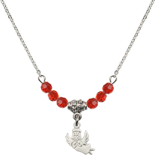 Sterling Silver Guardian Angel Birthstone Necklace with Ruby Beads - 2128