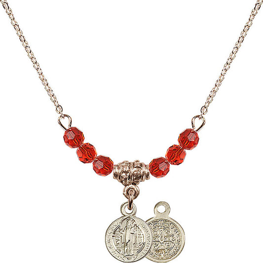14kt Gold Filled Saint Benedict Birthstone Necklace with Ruby Beads - 2341