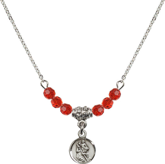 Sterling Silver Saint Christopher Birthstone Necklace with Ruby Beads - 2343