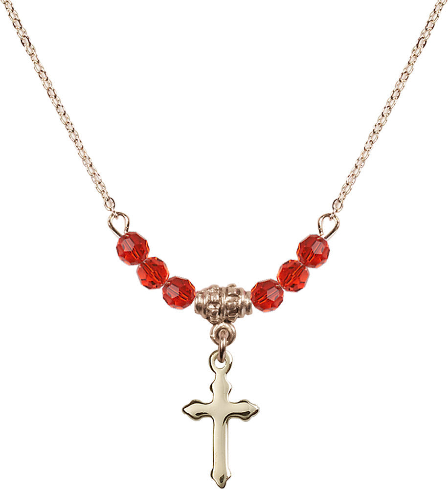 14kt Gold Filled Cross Birthstone Necklace with Ruby Beads - 2528