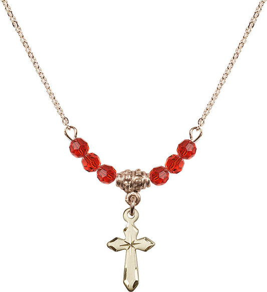 14kt Gold Filled Cross Birthstone Necklace with Ruby Beads - 2529
