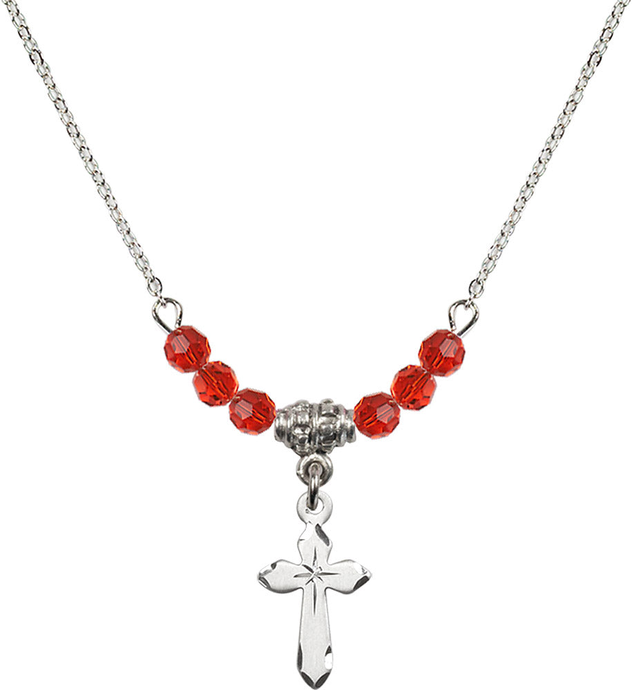 Sterling Silver Cross Birthstone Necklace with Ruby Beads - 2529