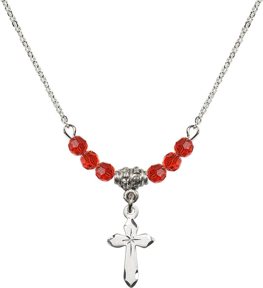 Sterling Silver Cross Birthstone Necklace with Ruby Beads - 2529