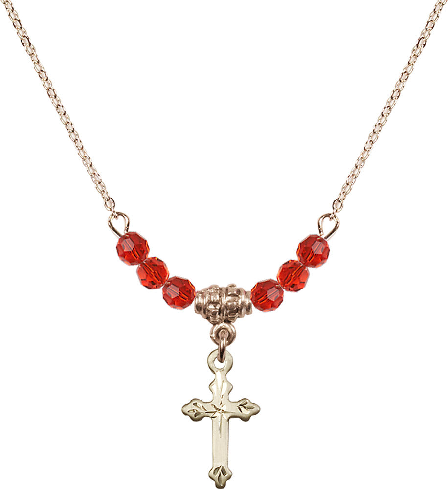 14kt Gold Filled Cross Birthstone Necklace with Ruby Beads - 2531