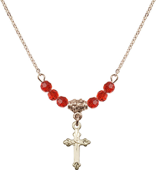 14kt Gold Filled Cross Birthstone Necklace with Ruby Beads - 2531