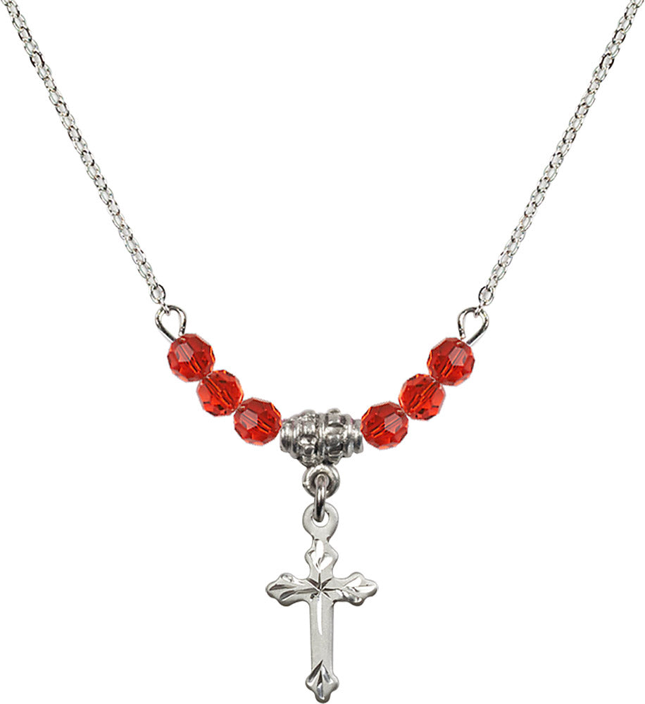 Sterling Silver Cross Birthstone Necklace with Ruby Beads - 2531