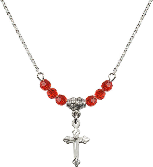 Sterling Silver Cross Birthstone Necklace with Ruby Beads - 2531