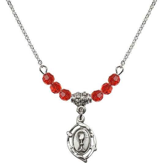 Sterling Silver Communion Birthstone Necklace with Ruby Beads - 3019