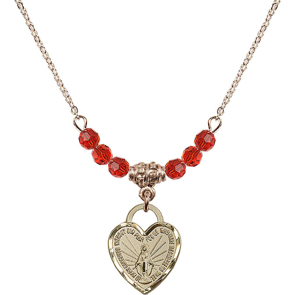 14kt Gold Filled Miraculous Heart Birthstone Necklace with Ruby Beads - 3401