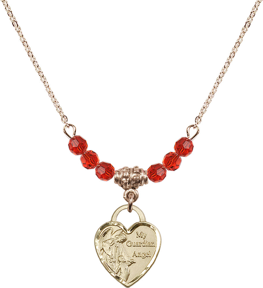 14kt Gold Filled Guardian Angel Heart Birthstone Necklace with Ruby Beads - 3402