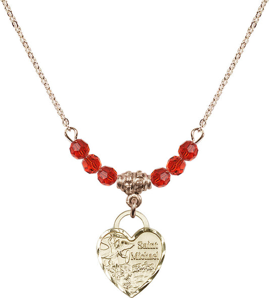 14kt Gold Filled Saint Michael Heart Birthstone Necklace with Ruby Beads - 3403
