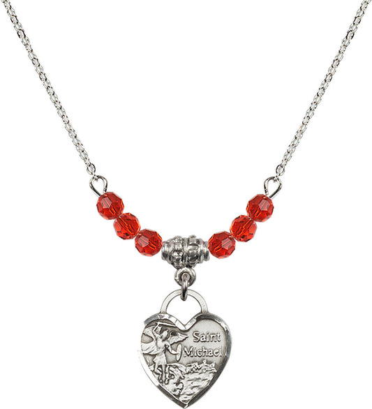 Sterling Silver Saint Michael Heart Birthstone Necklace with Ruby Beads - 3403