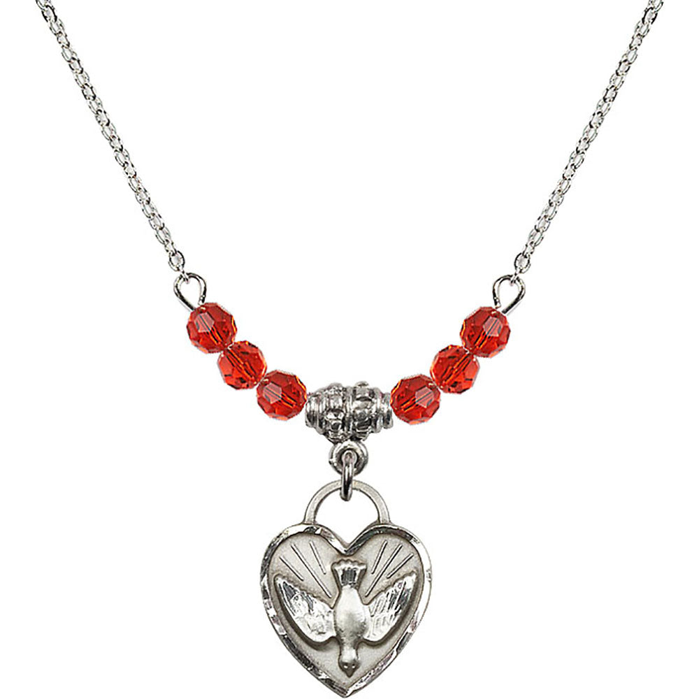 Sterling Silver Confirmation Heart Birthstone Necklace with Ruby Beads - 3405