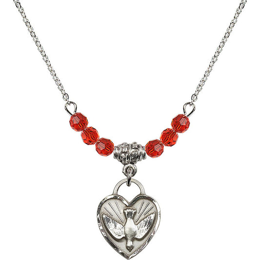 Sterling Silver Confirmation Heart Birthstone Necklace with Ruby Beads - 3405