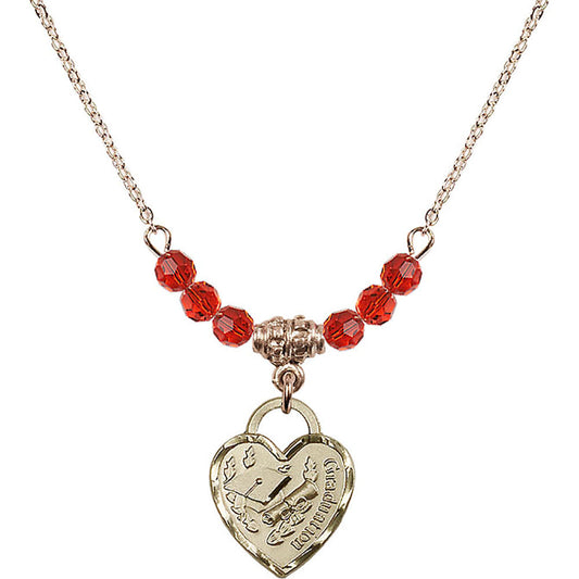 14kt Gold Filled Graduation Heart Birthstone Necklace with Ruby Beads - 3406