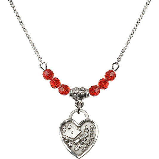 Sterling Silver Graduation Heart Birthstone Necklace with Ruby Beads - 3406