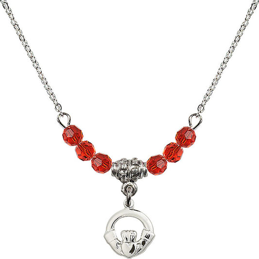 Sterling Silver Claddagh Birthstone Necklace with Ruby Beads - 4113