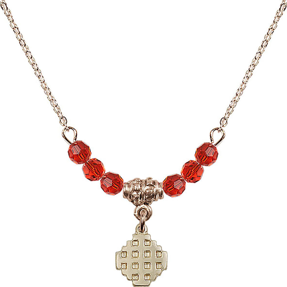 14kt Gold Filled Jerusalem Cross Birthstone Necklace with Ruby Beads - 4118