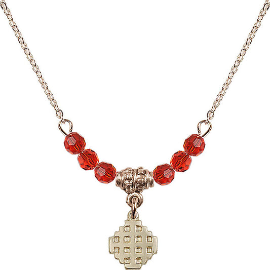 14kt Gold Filled Jerusalem Cross Birthstone Necklace with Ruby Beads - 4118