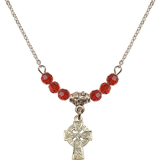 14kt Gold Filled Celtic Cross Birthstone Necklace with Ruby Beads - 4133