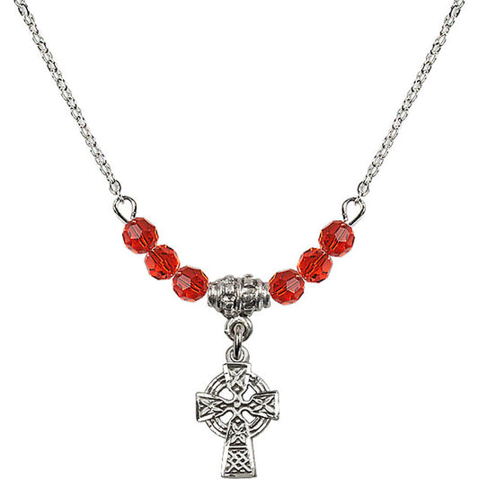 Sterling Silver Celtic Cross Birthstone Necklace with Ruby Beads - 4133