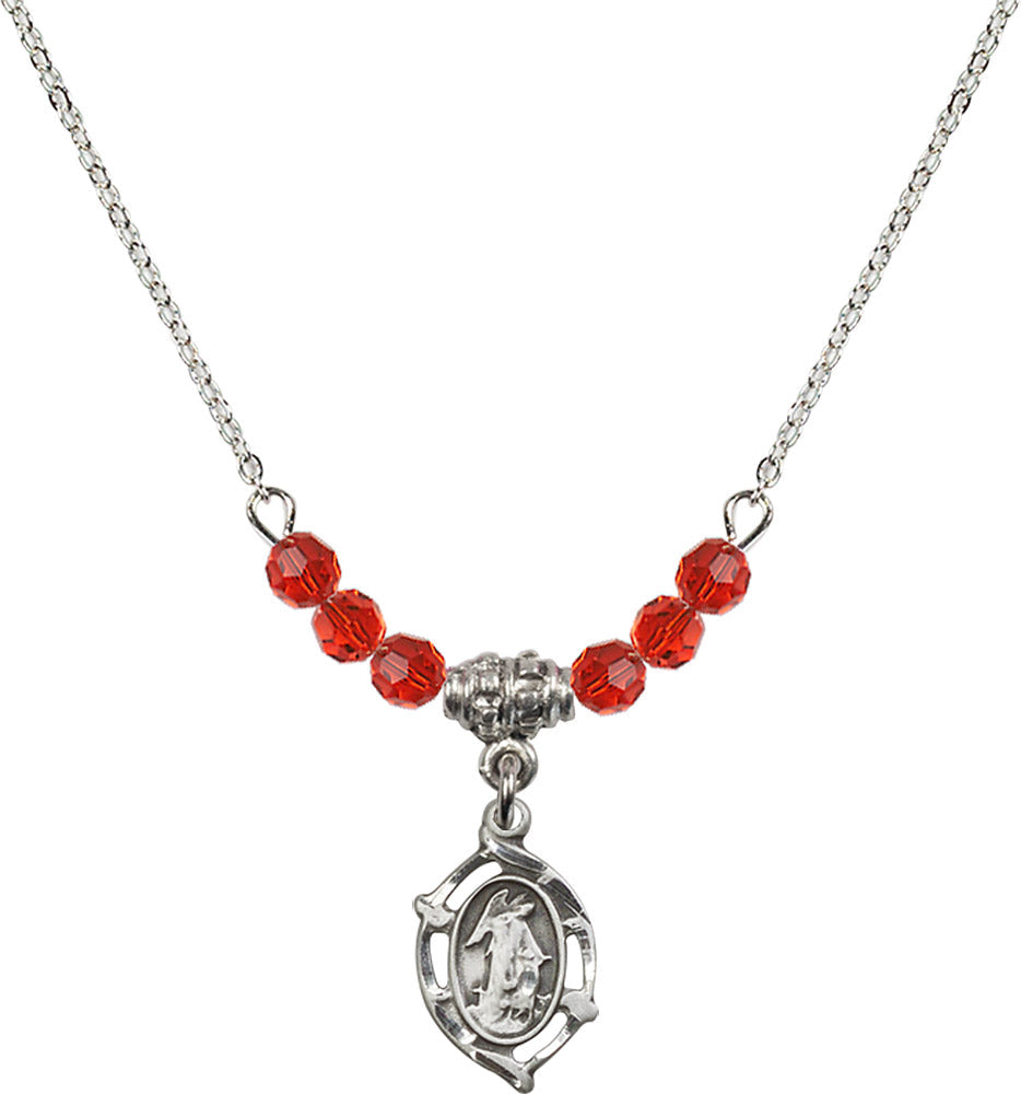 Sterling Silver Guardian Angel Birthstone Necklace with Ruby Beads - 4154