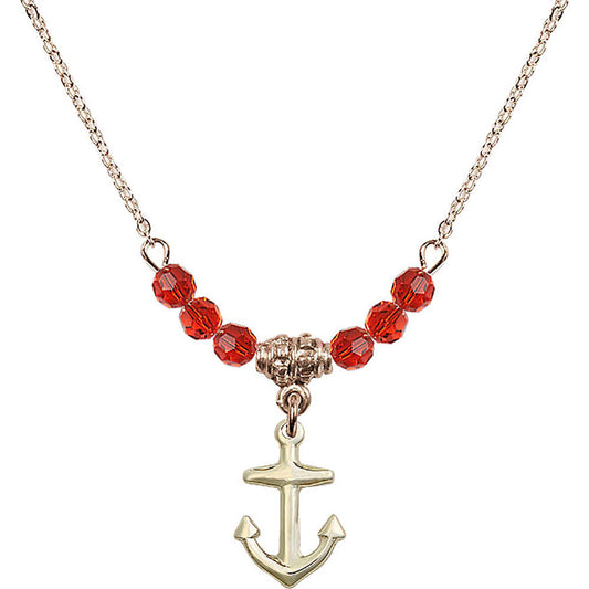 14kt Gold Filled Anchor Birthstone Necklace with Ruby Beads - 4158