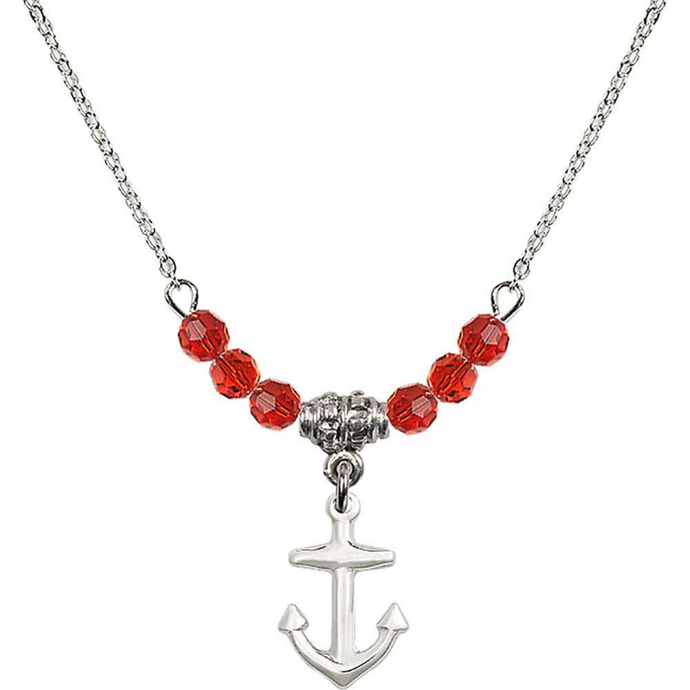 Sterling Silver Anchor Birthstone Necklace with Ruby Beads - 4158
