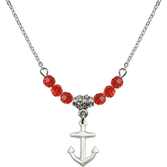 Sterling Silver Anchor Birthstone Necklace with Ruby Beads - 4158