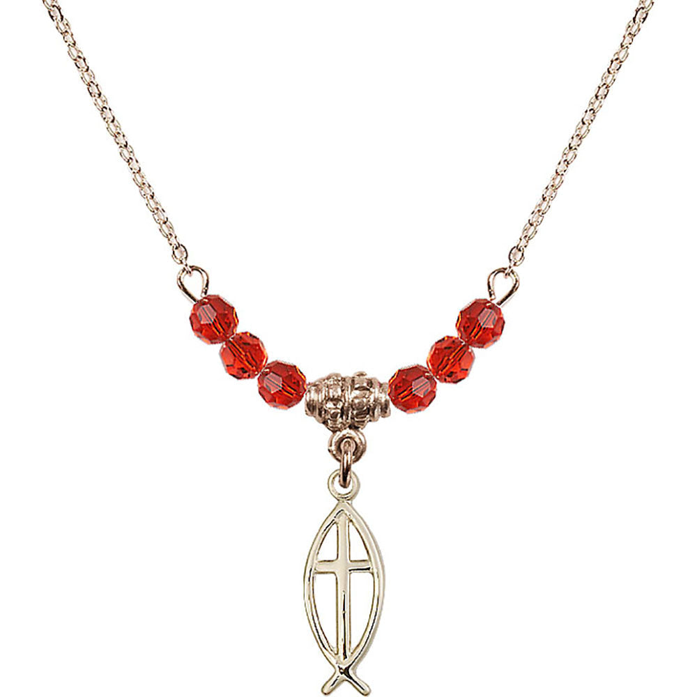 14kt Gold Filled Fish / Cross Birthstone Necklace with Ruby Beads - 4251