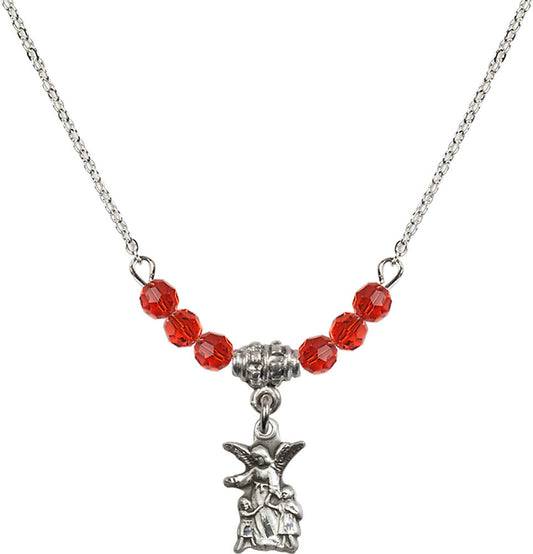 Sterling Silver Guardian Angel Birthstone Necklace with Ruby Beads - 4253