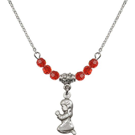 Sterling Silver Praying Girl Birthstone Necklace with Ruby Beads - 4262