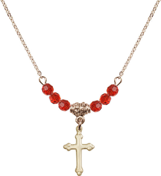 14kt Gold Filled Cross Birthstone Necklace with Ruby Beads - 5415
