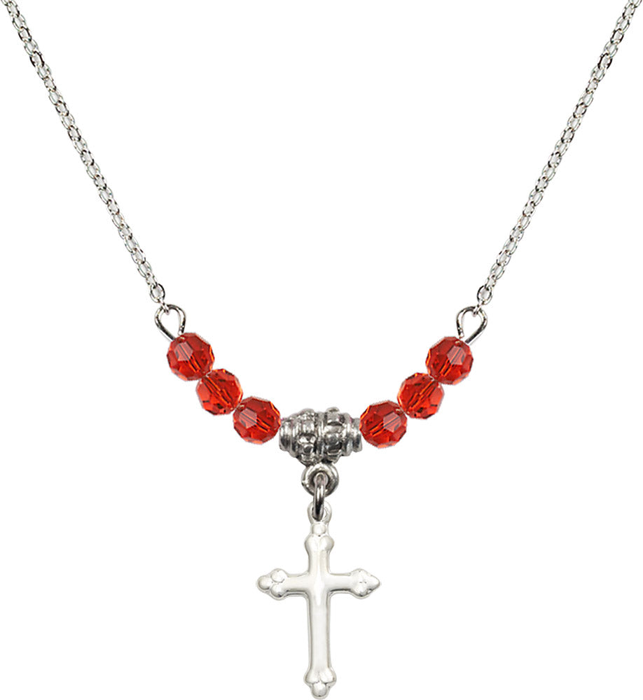 Sterling Silver Cross Birthstone Necklace with Ruby Beads - 5415