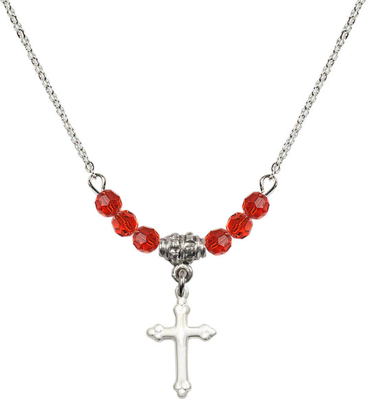 Sterling Silver Cross Birthstone Necklace with Ruby Beads - 5415