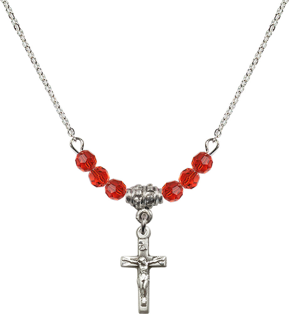 Sterling Silver Crucifix Birthstone Necklace with Ruby Beads - 5417