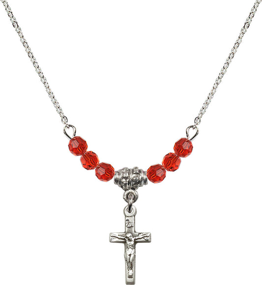 Sterling Silver Crucifix Birthstone Necklace with Ruby Beads - 5417
