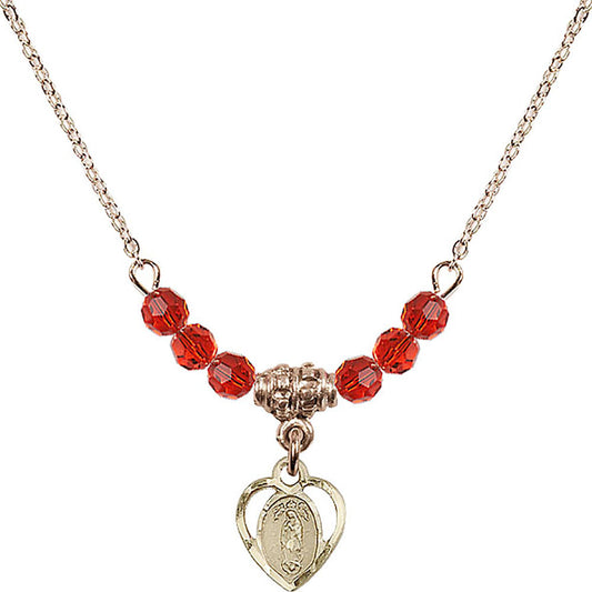 14kt Gold Filled Our Lady of Guadalupe Birthstone Necklace with Ruby Beads - 5422