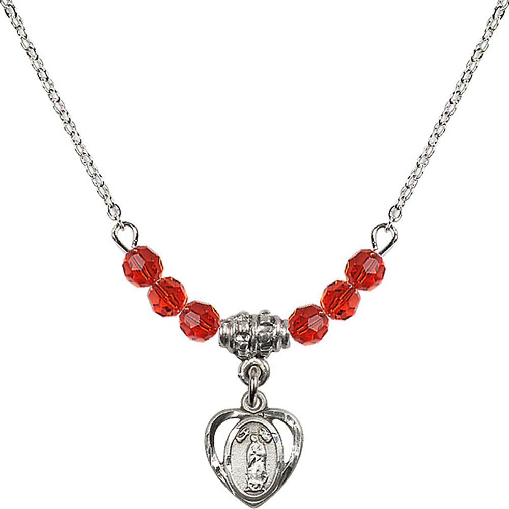 Sterling Silver Our Lady of Guadalupe Birthstone Necklace with Ruby Beads - 5422
