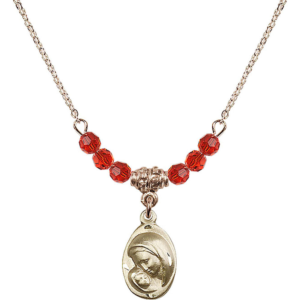 14kt Gold Filled Madonna & Child Birthstone Necklace with Ruby Beads - 5447