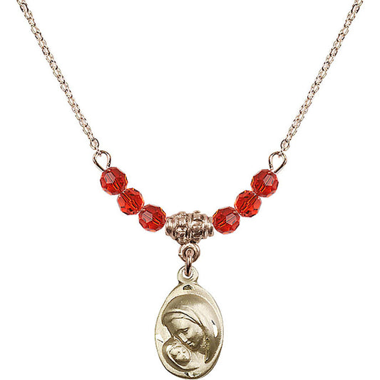 14kt Gold Filled Madonna & Child Birthstone Necklace with Ruby Beads - 5447