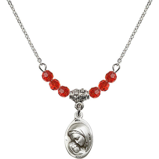 Sterling Silver Madonna & Child Birthstone Necklace with Ruby Beads - 5447