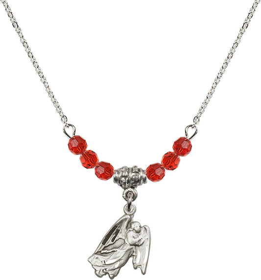 Sterling Silver Guardian Angel Birthstone Necklace with Ruby Beads - 5642