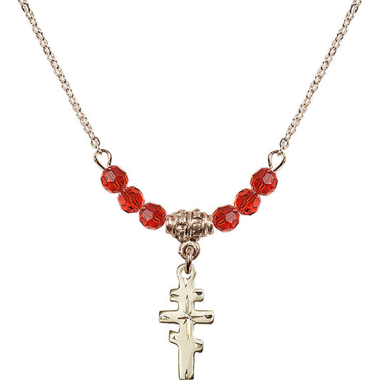 14kt Gold Filled Greek Orthadox Cross Birthstone Necklace with Ruby Beads - 5654