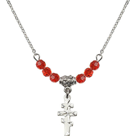 Sterling Silver Greek Orthadox Cross Birthstone Necklace with Ruby Beads - 5654